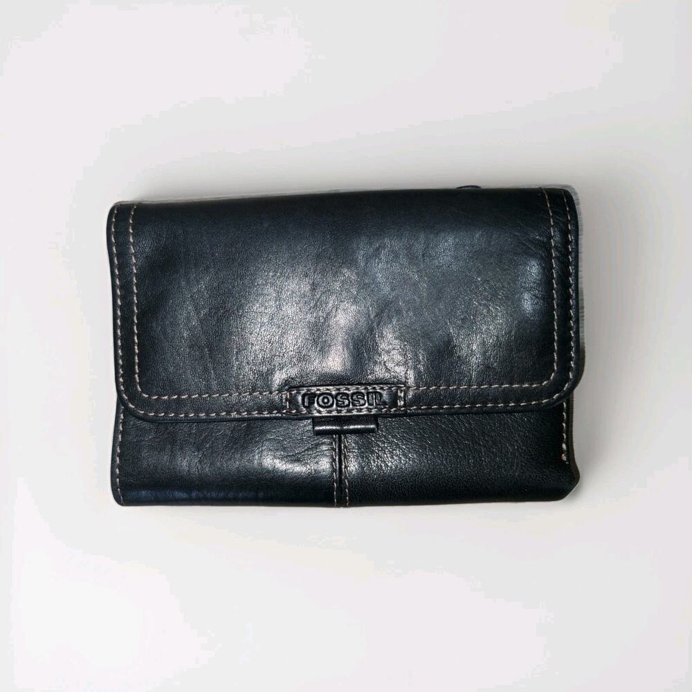 Fossil Black Genuine Leather Tri Fold Wallet Snap Closure Coin Pocket